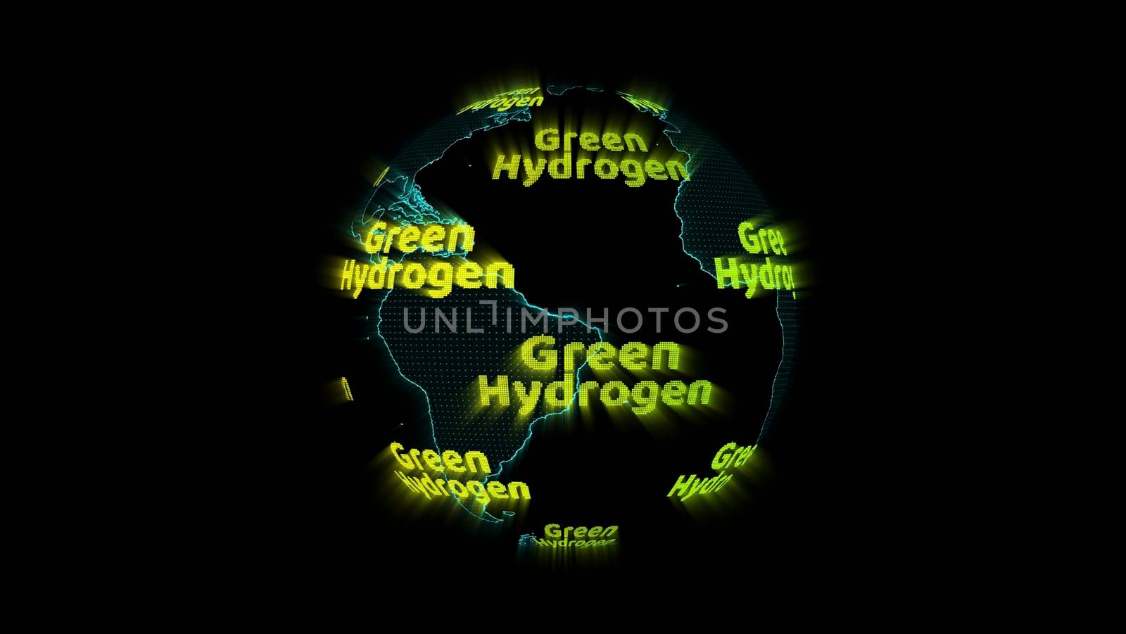 digital world map and green hydrogen green text, concept as an alternative fuel that is clean energy