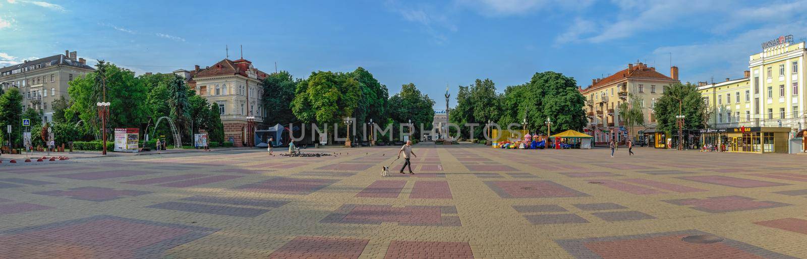 Ternopil, Ukraine 06.07.2021. Theatre square in Ternopil, Ukraine, on a sunny summer morning