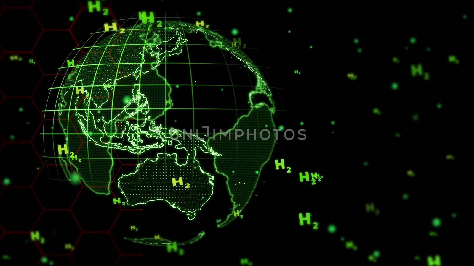 global digital and hexagon and south east asia with bubbles green H2 text on black background by Darkfox