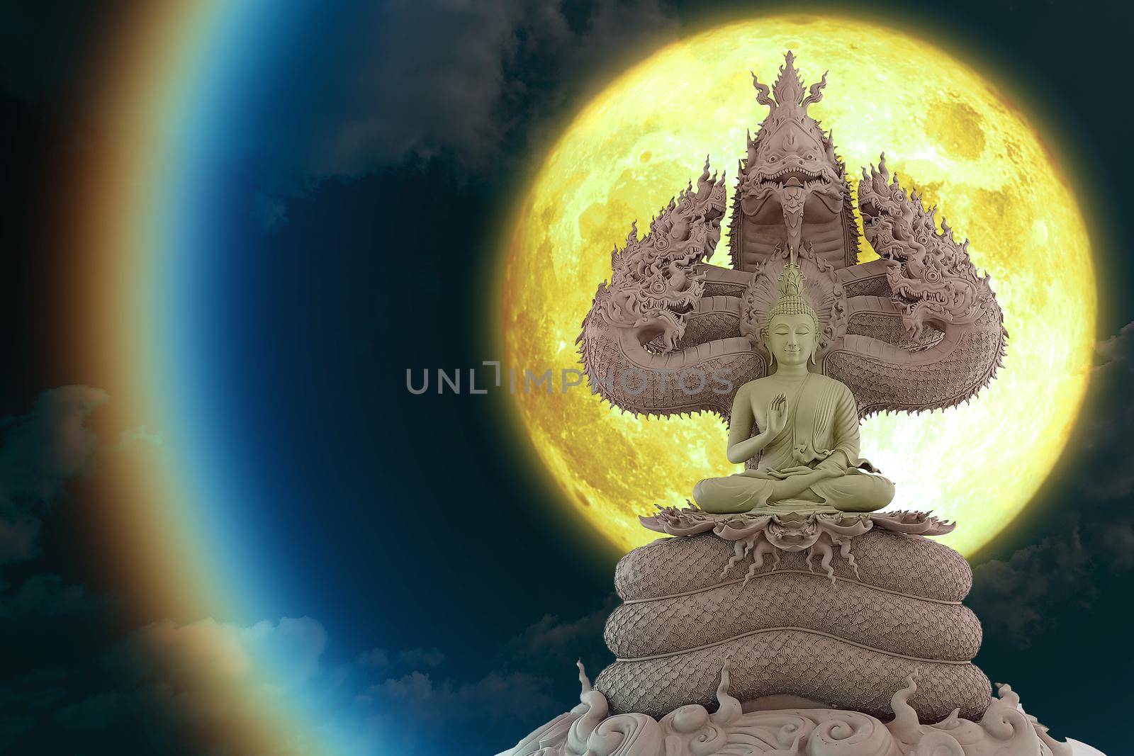 full moon corona light and Buddha sitting on  seven head of king naga on the night sky by Darkfox