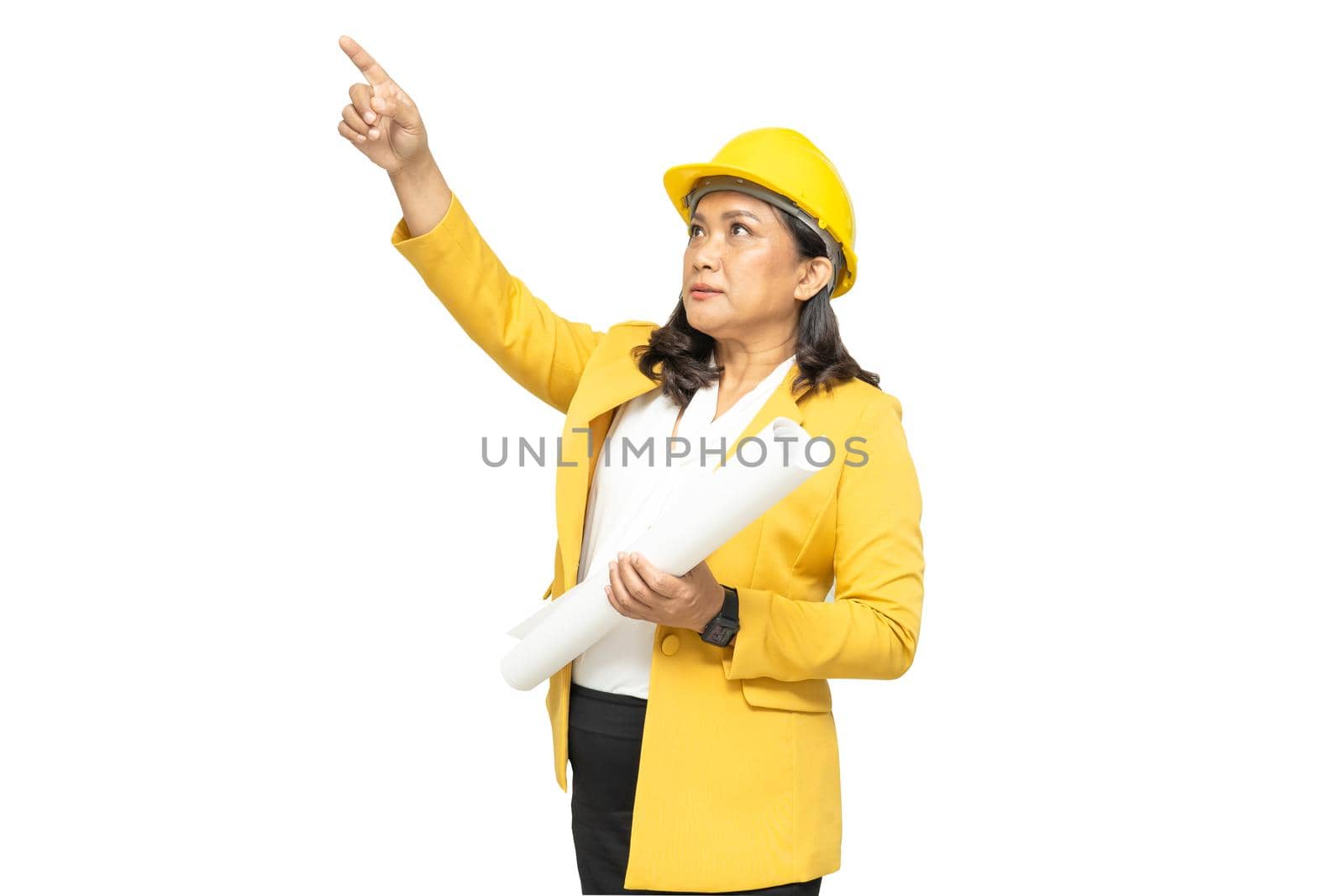Asian engineer woman with blueprint standing on white background with clipping path, engineering construction and architecture concept. by pamai