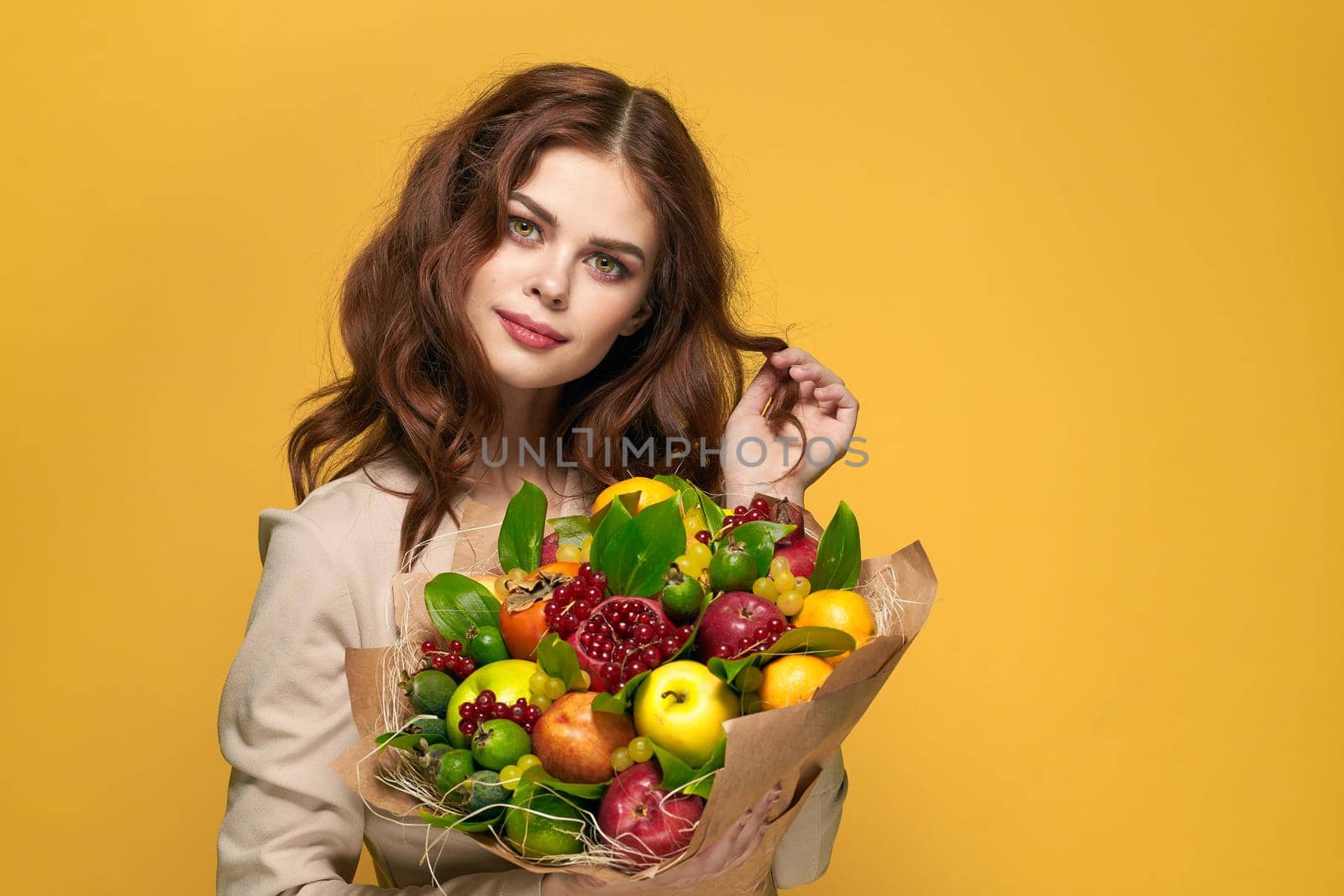 cheerful woman fashionable hairstyle bouquet of flowers decoration isolated background by Vichizh