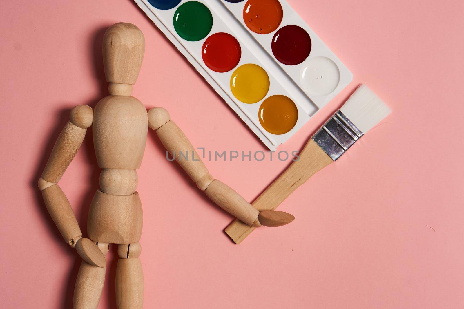 painting tools Craft art design school items pink background. High quality photo