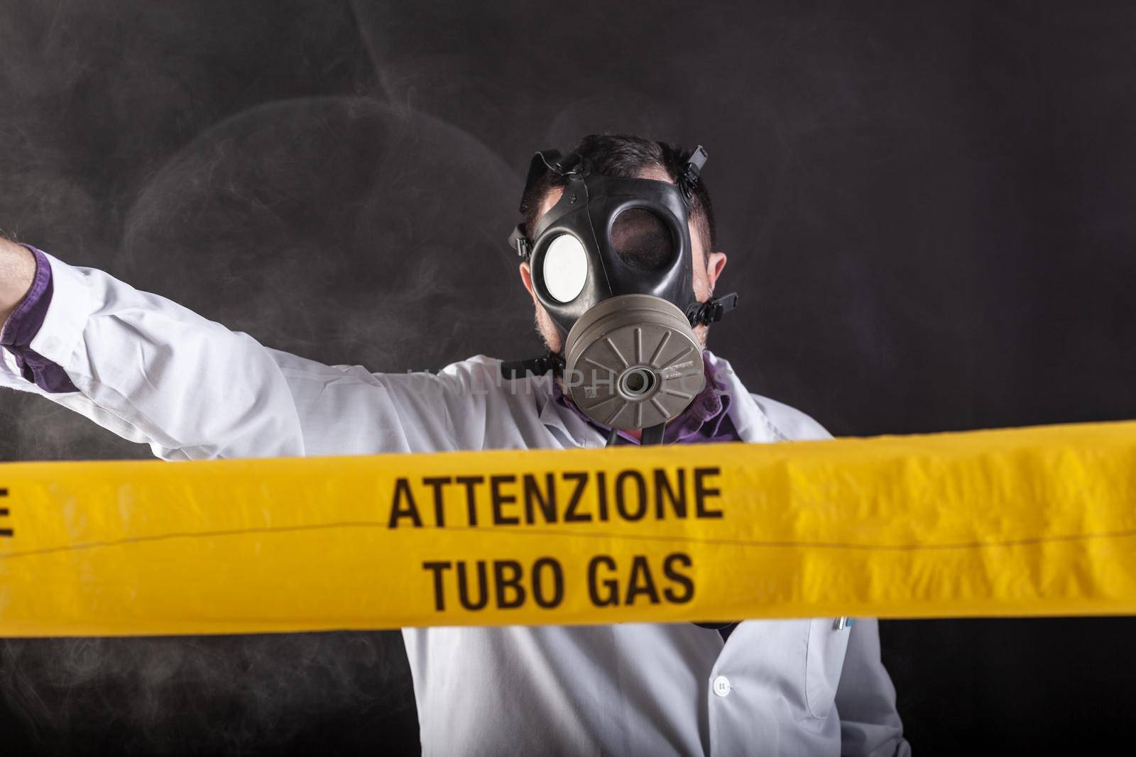 A medical engineer with antigas mask during the gas leaks crisis by bepsimage