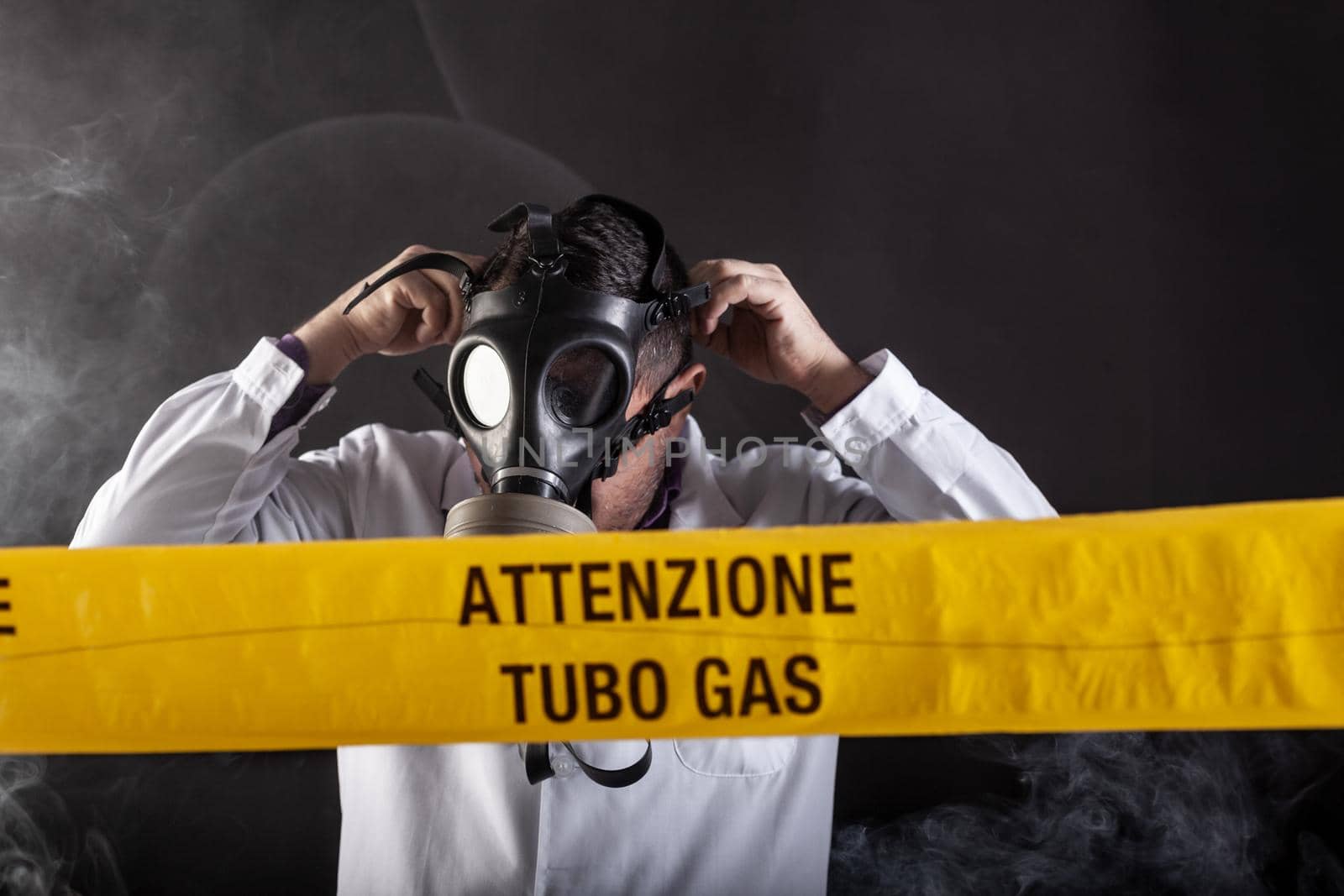 A medical engineer with antigas mask during the gas leaks crisis by bepsimage