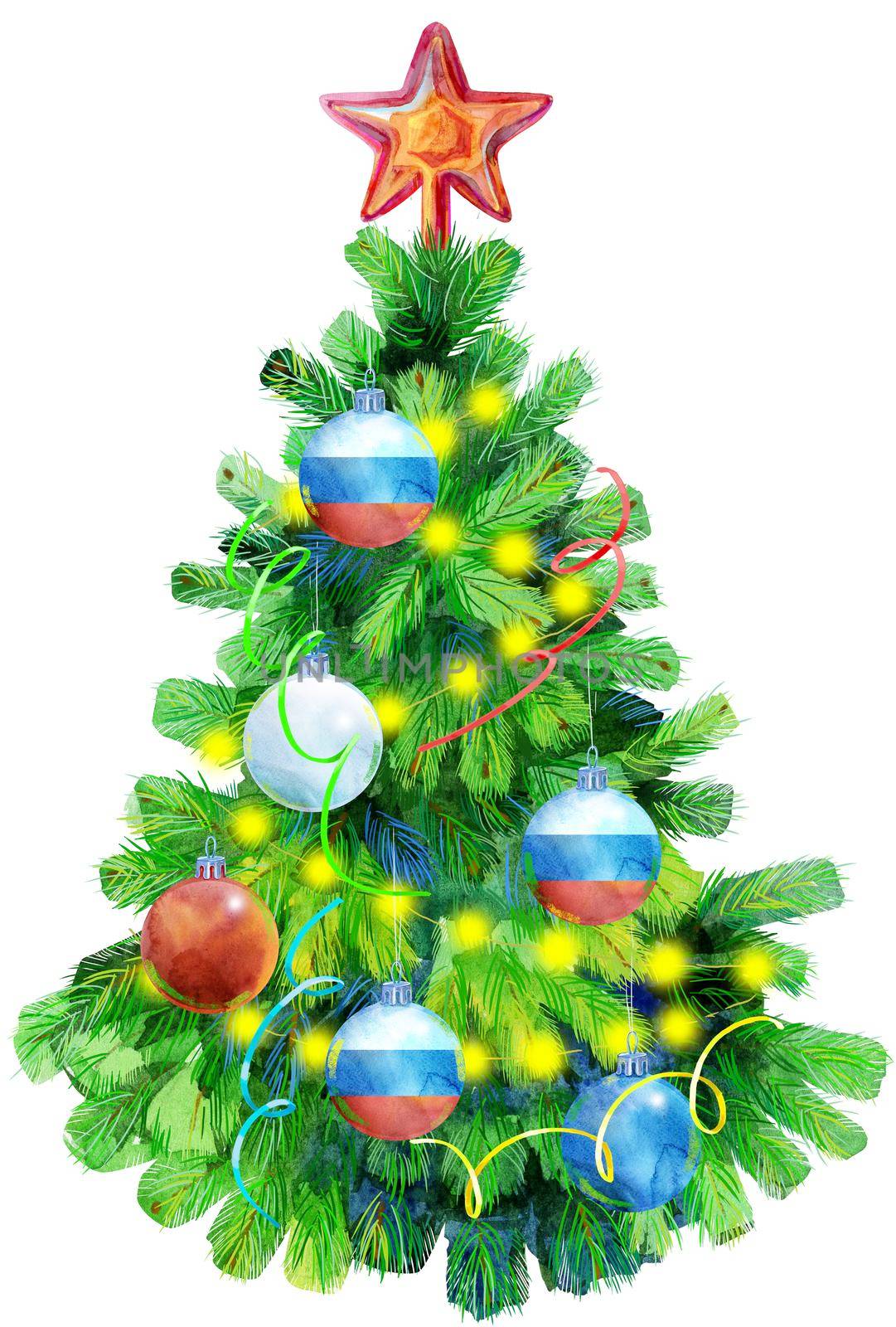 Watercolor illustration Christmas tree decorated with Christmas balls with Russian flag. by NataOmsk