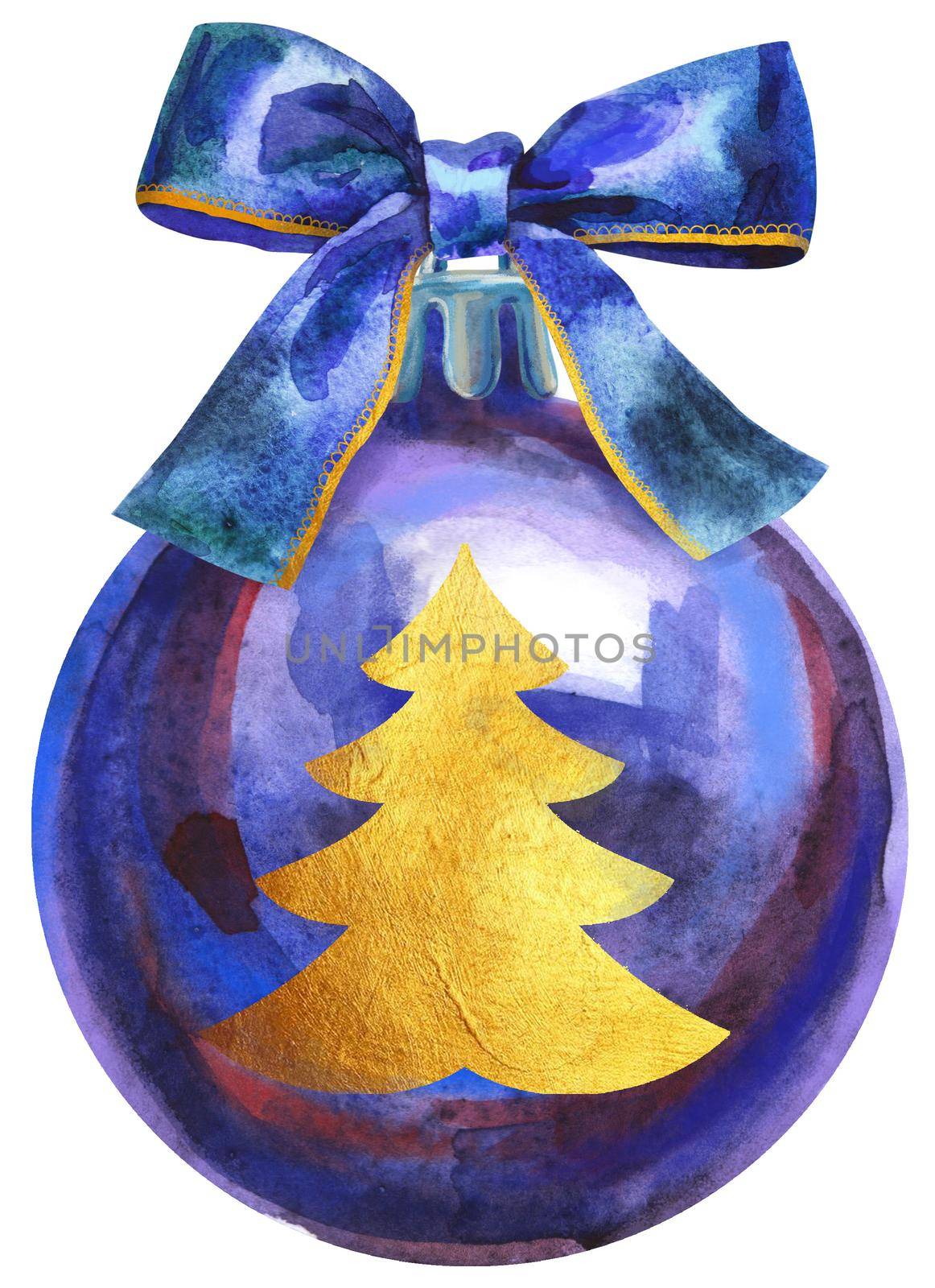 Watercolor Christmas violet ball with bow isolated on a white background.