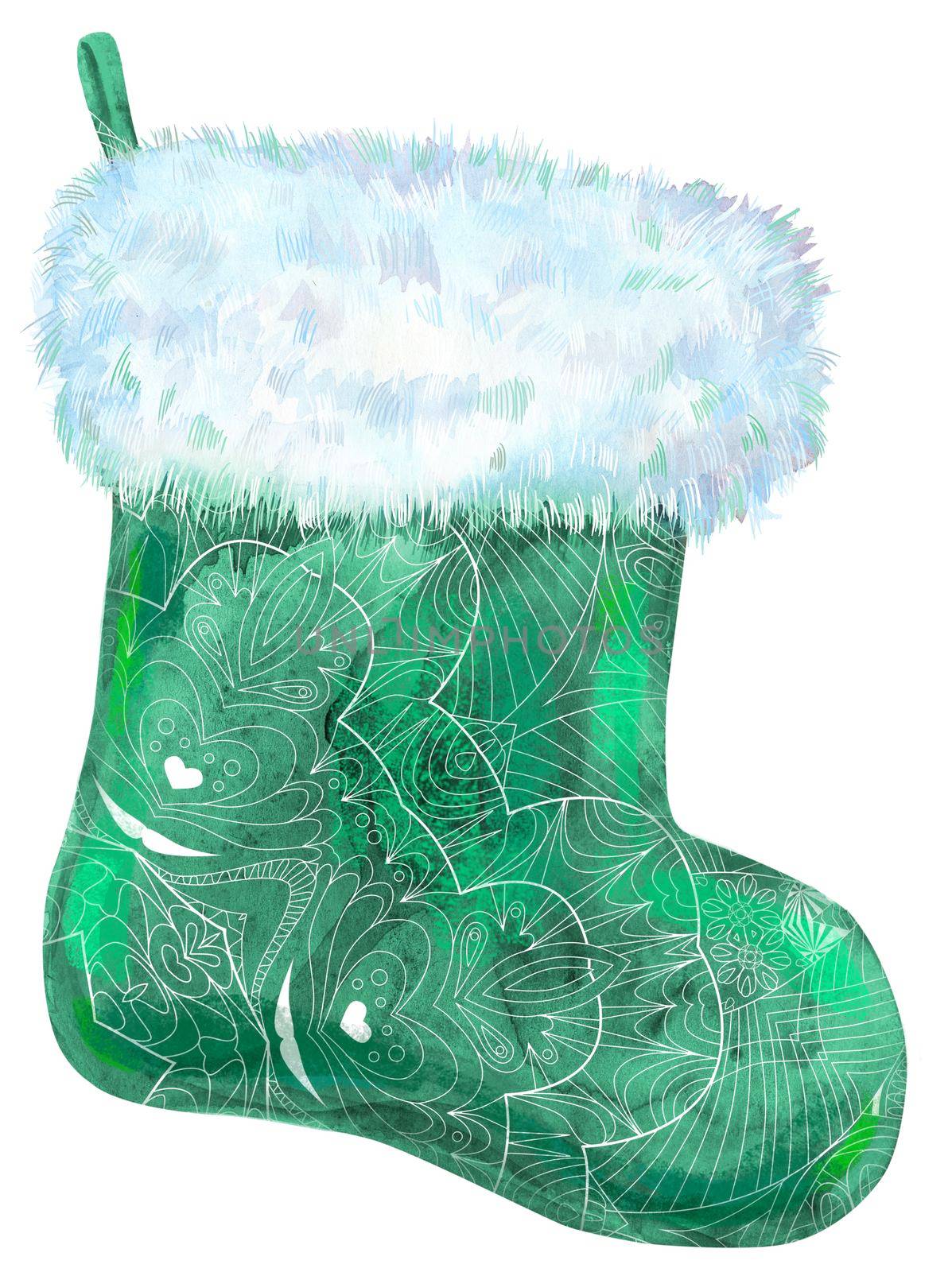 Christmas patterned green sock with white fur. Watercolor illustration. Isolated. by NataOmsk