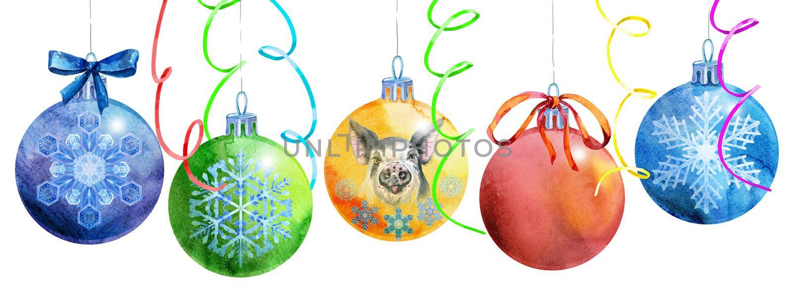 Border with watercolor Christmas balls with image of pig and snowflakes. Card for your creativity