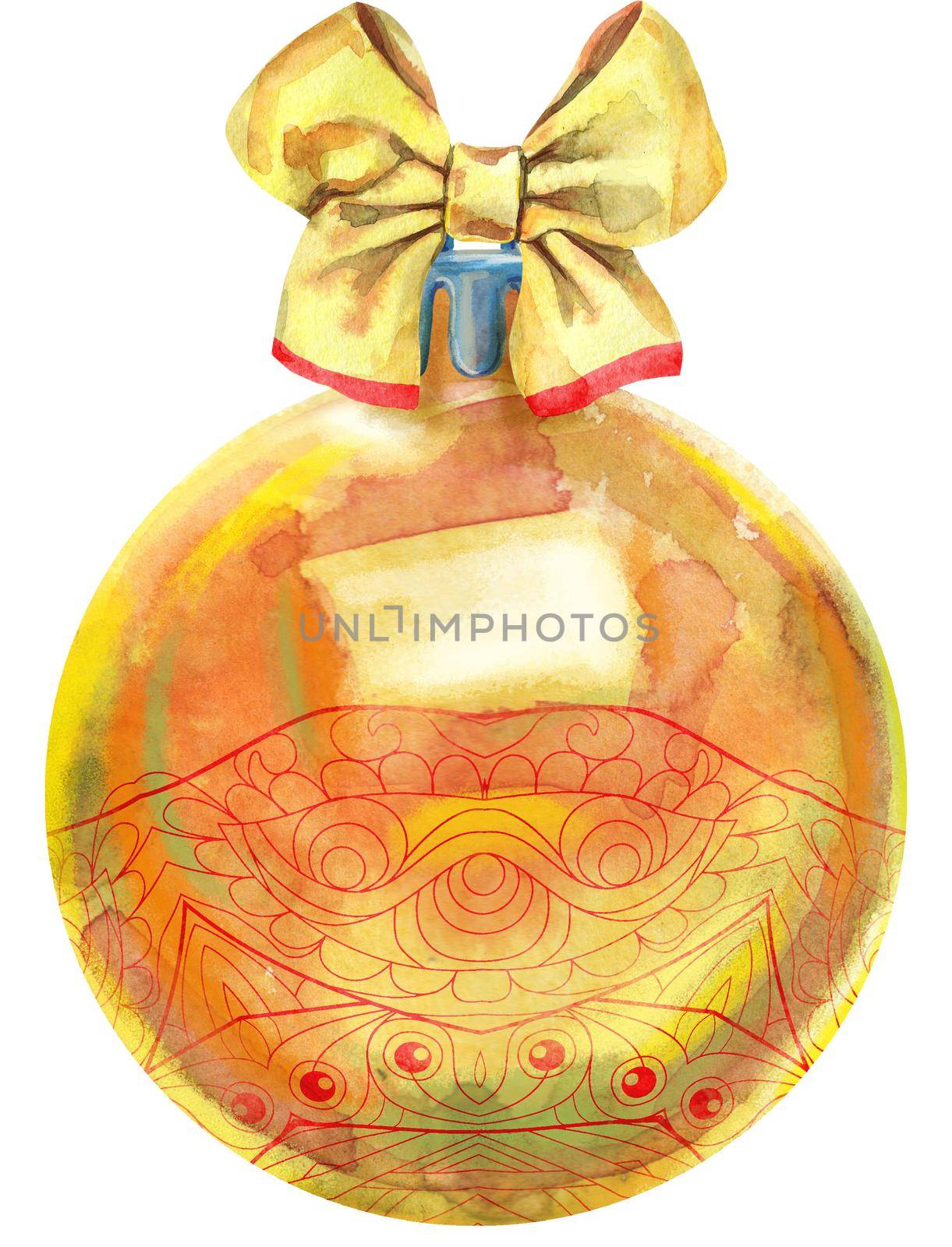 Watercolor yellow Christmas ball with bow isolated on a white background. by NataOmsk
