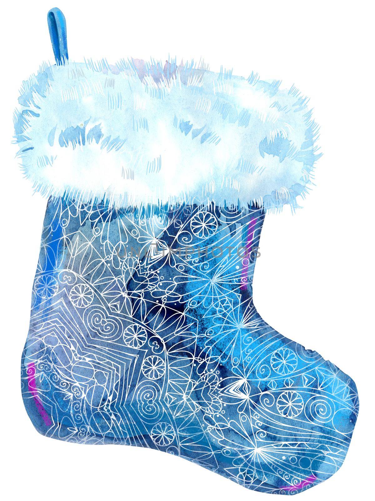 Christmas patterned blue sock with white fur. Watercolor illustration. Isolated. by NataOmsk