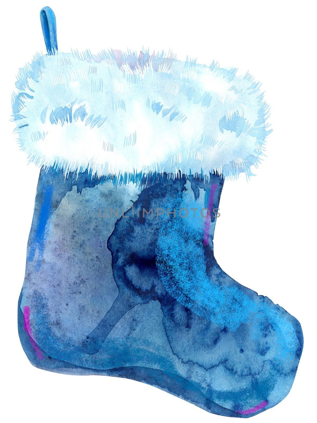 Christmas blue sock for gifts isolated on white background. Watercolor hand drawn illustration