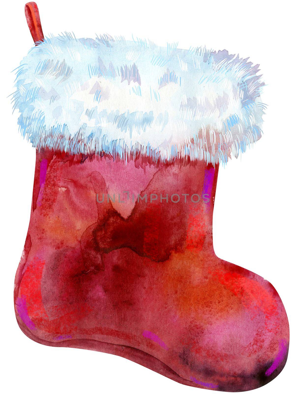 Christmas red sock for gifts isolated on white background. Watercolor hand drawn illustration