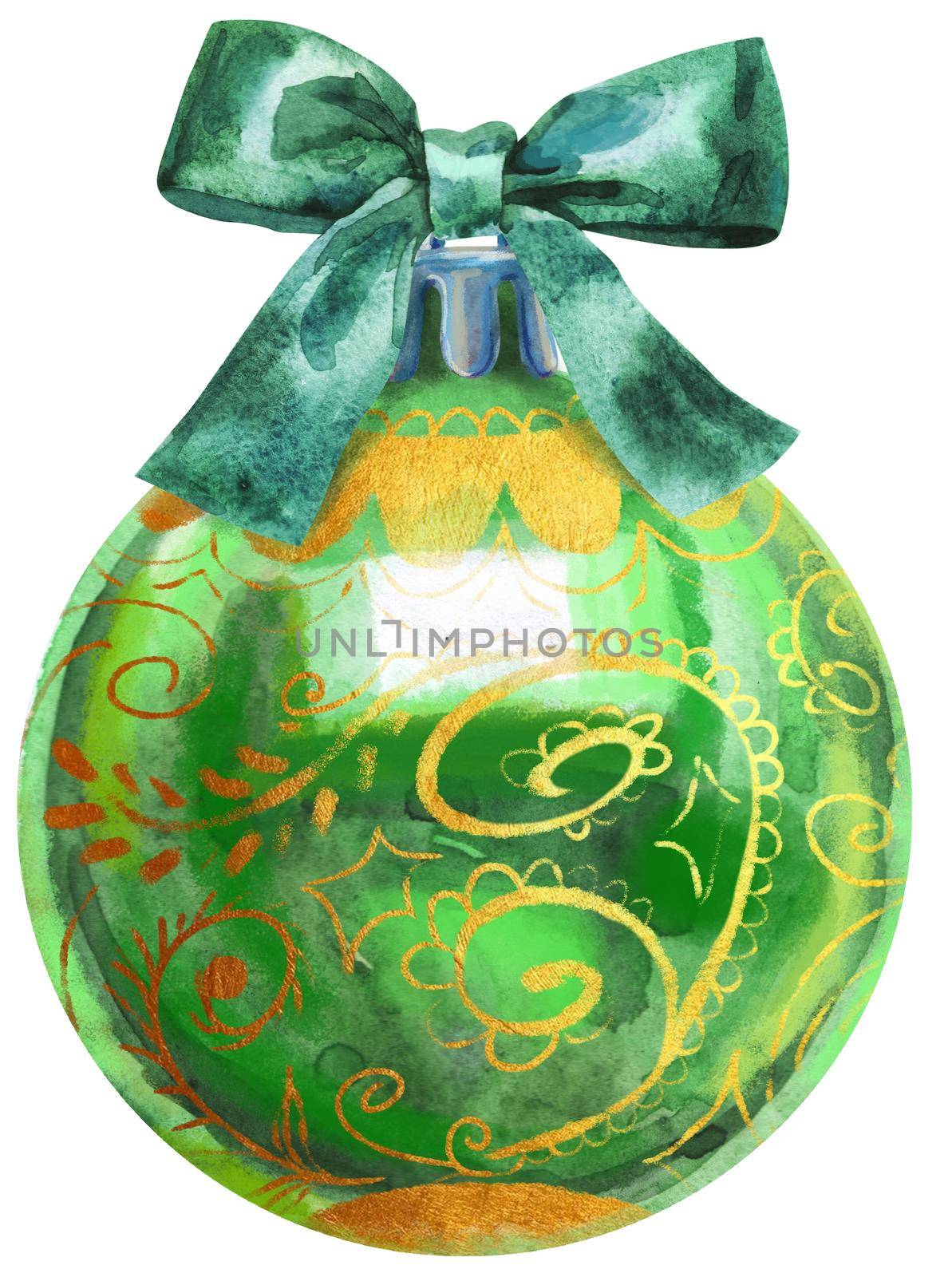 Watercolor Christmas green ball with bow isolated on a white background.