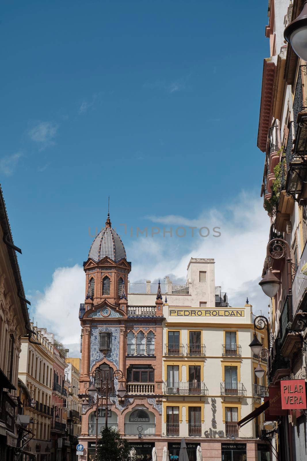 Typical decorated facade in Seville, Andalusia, Spain April 2019. by Sandronize