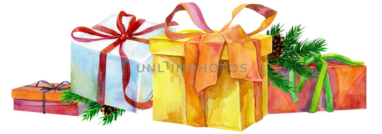 Border of gift box with bow and with a branch of spruce, isolated, watercolor painting on white background