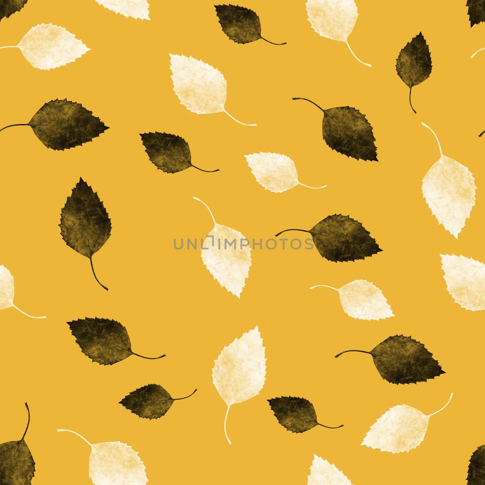 black and white vintage screen print effect leaves seamless pattern on a yellow mid century colored background