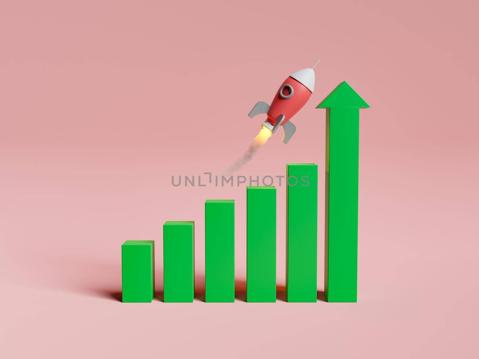 rising chart with an arrow and a rocket flying over it. 3d rendering