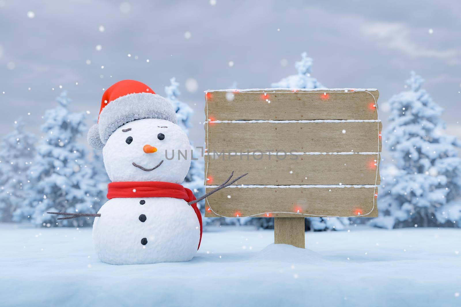 wooden sign on a snowy landscape with a snowman pointing at it. 3d rendering