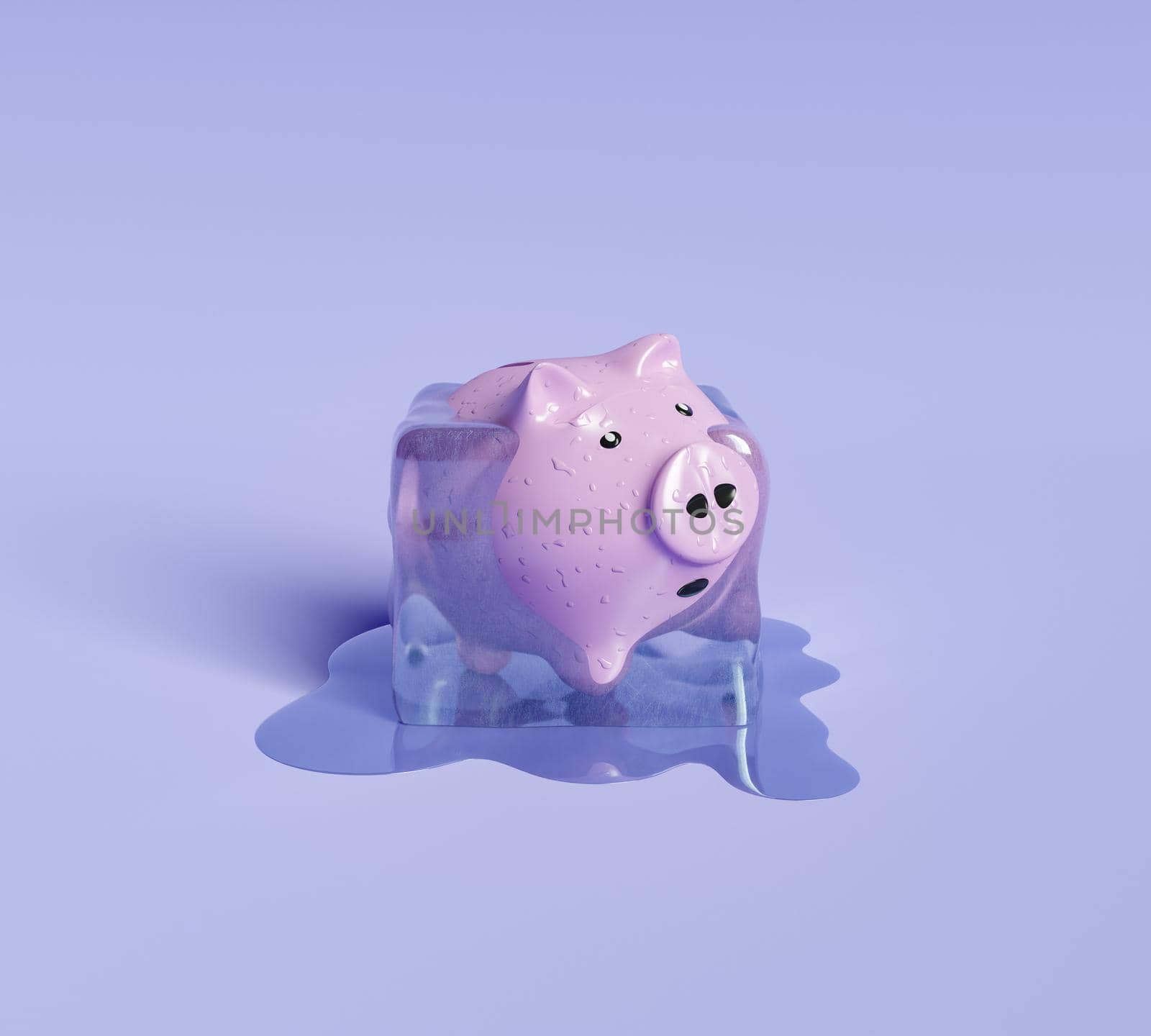 piggy bank inside an ice cube thawing. 3d rendering