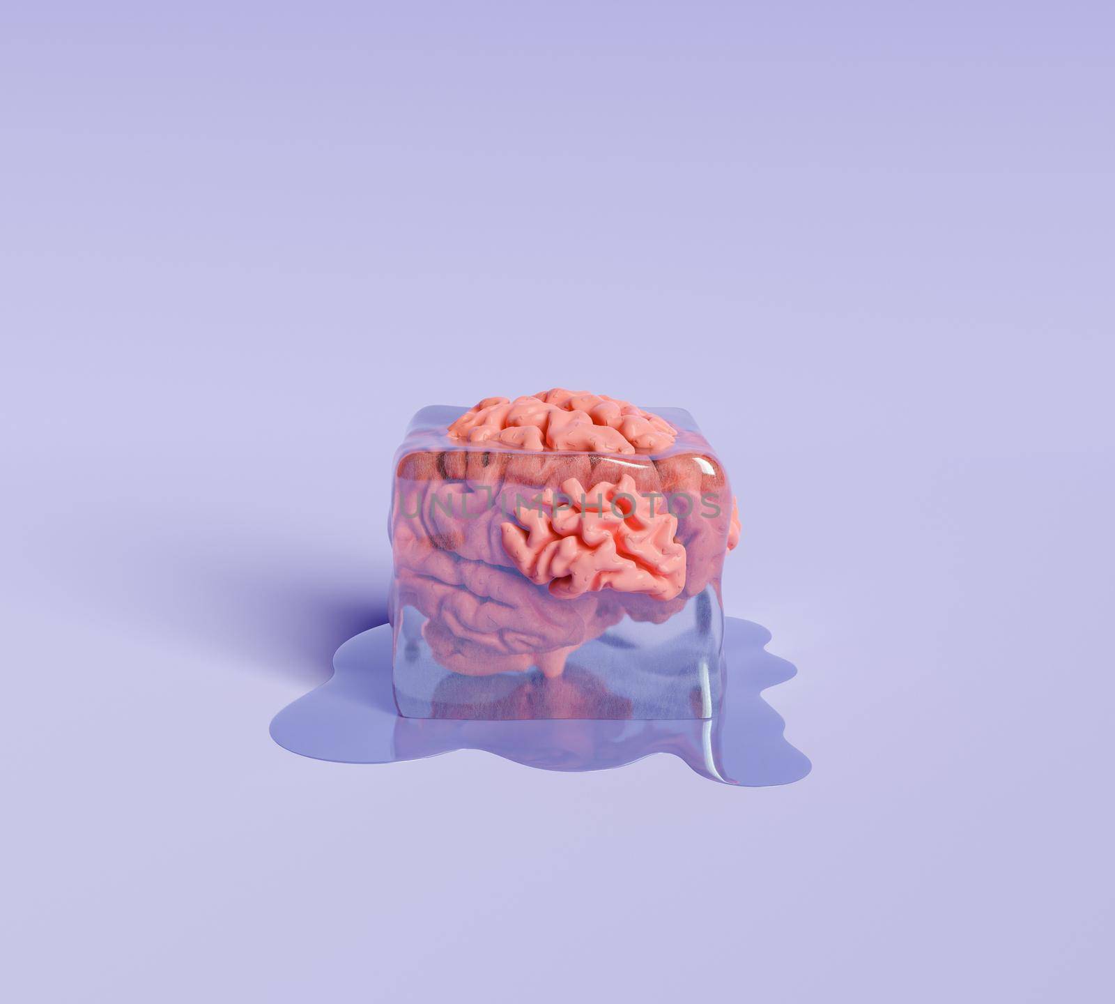 human brain inside an ice cube thawing. 3d rendering