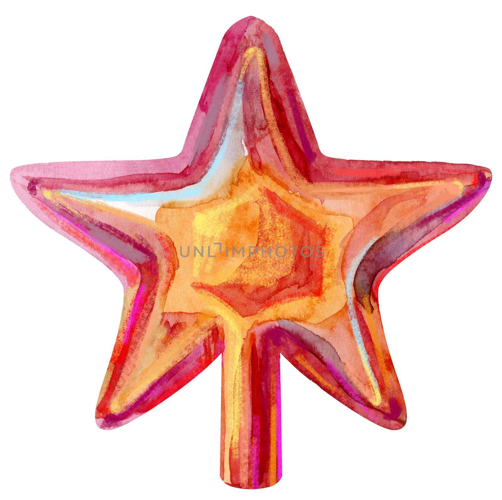 Christmas watercolor colorful red star decoration. Tree-topper by NataOmsk