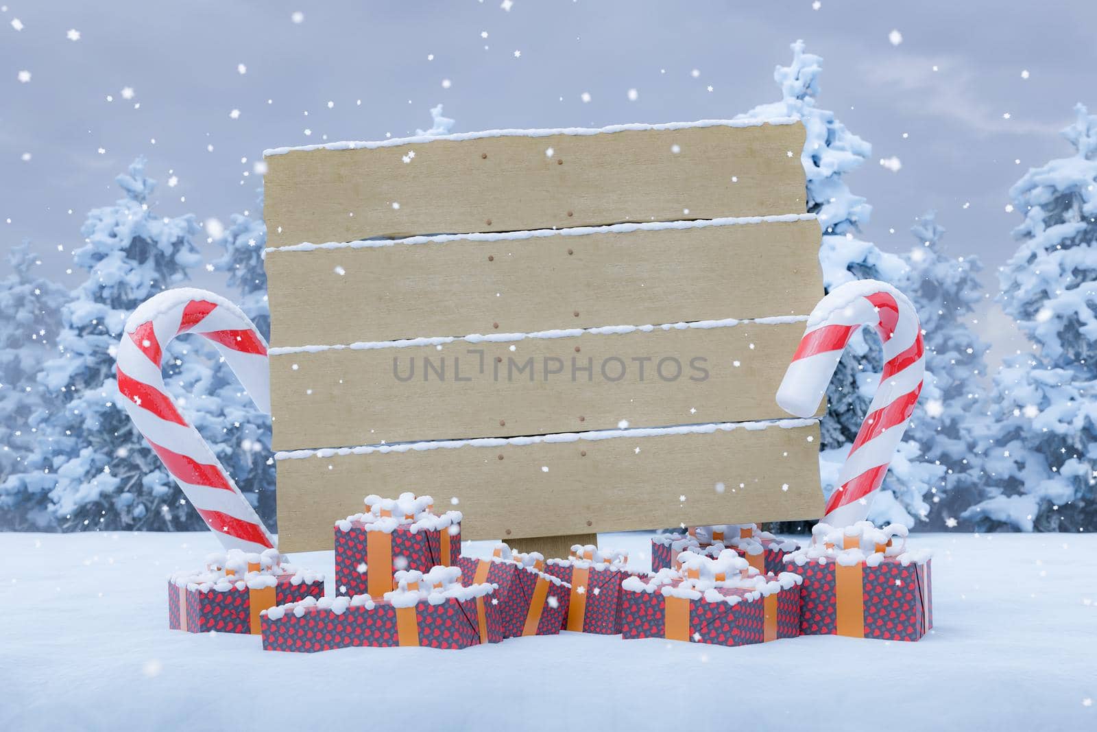 Close-up of a wooden sign over a snowy landscape with gifts and candy canes. 3d rendering