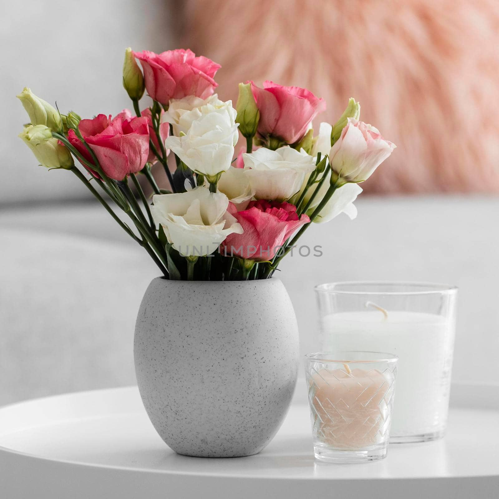 bouquet roses vase candles. High quality photo by Zahard
