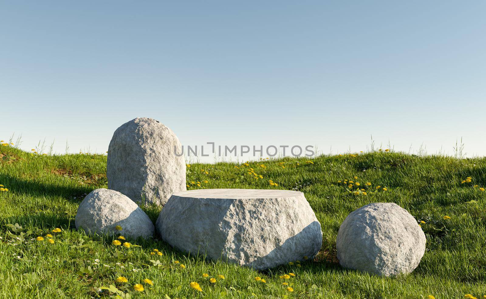 stone product display stand in green meadow by asolano