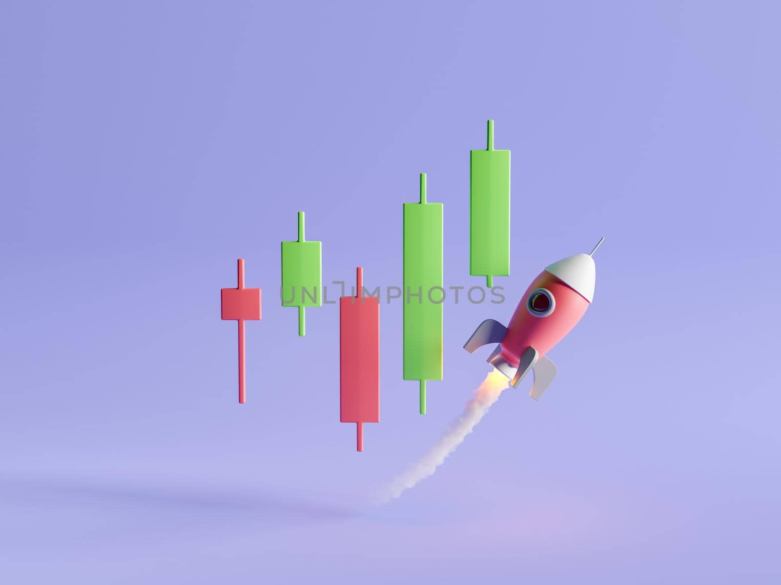 rising chart candles with a rocket below taking off. 3d rendering