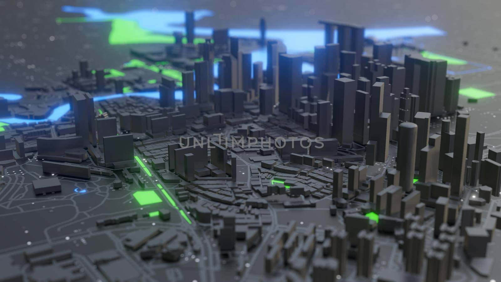 Abstract neon glowing Smart city with buildings and streets. 3d illustration. Night futuristic city