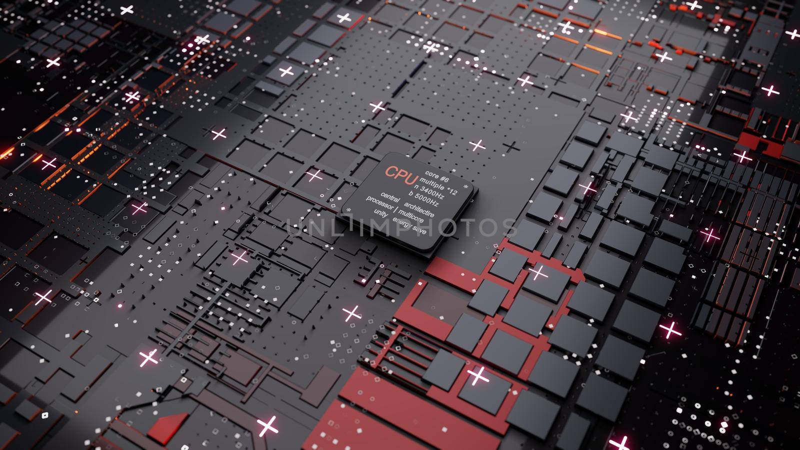 Abstract Central Computer Processors Concept. 3D illustration. Conceptual CPU on circuit board - PCB