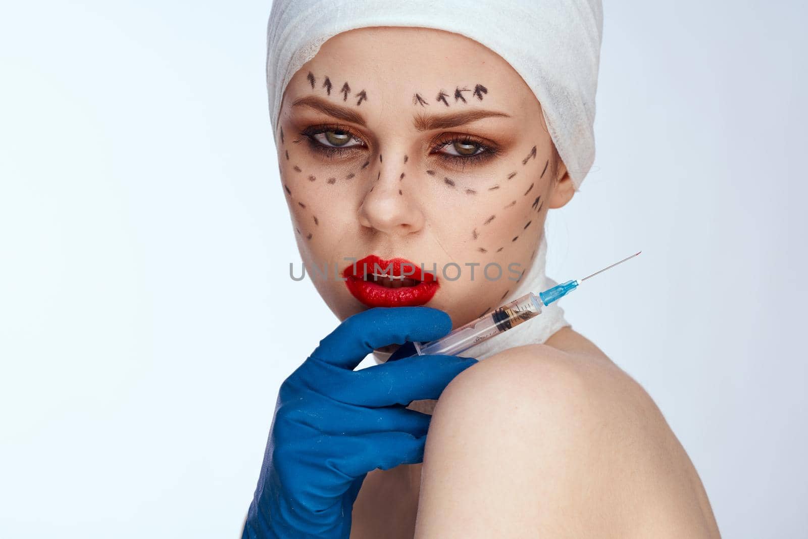 portrait of a woman Red lips plastic surgery operation bare shoulders studio lifestyle. High quality photo