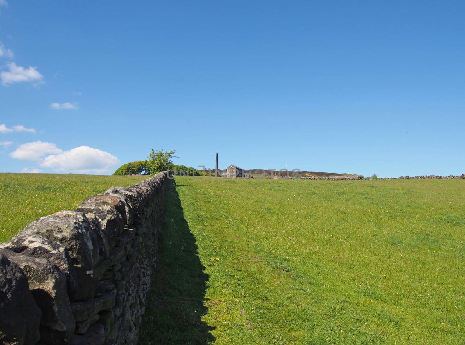 a long stone wall in perspective bordering a green grass meadow in bright spring sunlight with a historic abandoned mill and the village of old old town next to midgley moor in west yorkshire by philopenshaw