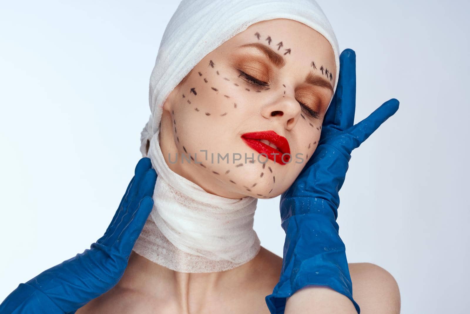 beautiful woman Red lips plastic surgery operation bare shoulders isolated background. High quality photo
