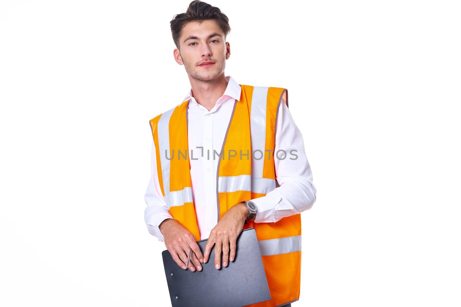 man in orange hard hat engineer work professionals construction. High quality photo