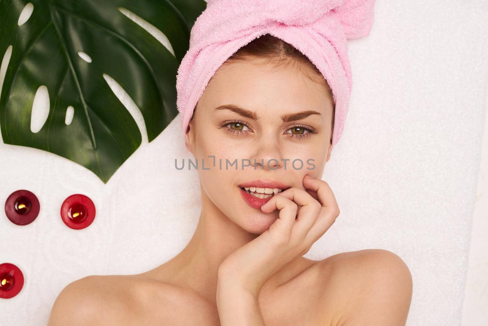 woman with bare shoulders clear skin spa treatments luxury. High quality photo