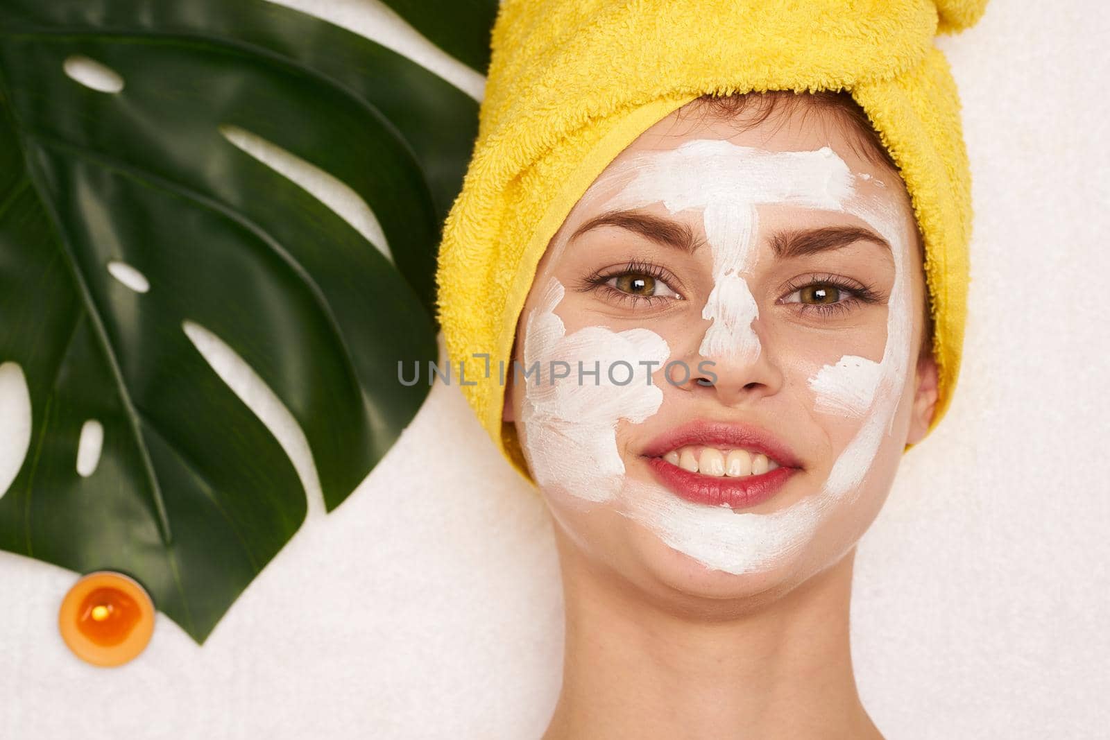 attractive woman spa treatments cosmetics beauty saloon view from above. High quality photo