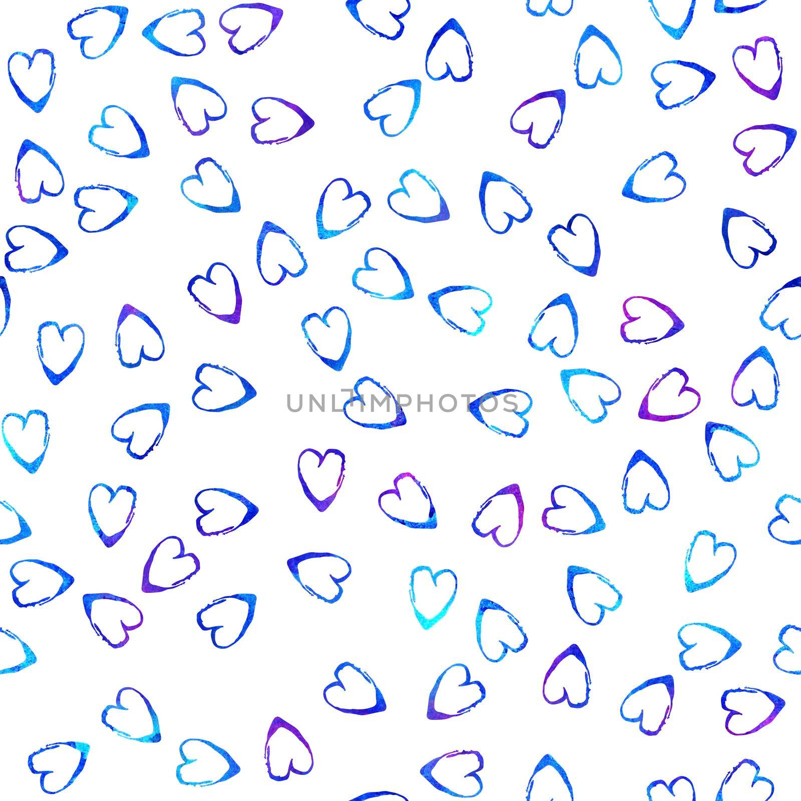 Watercolor Brush Heart Seamless Pattern Love Grange Hand Painted Design in Blue Color. Modern Grung Collage Background for kids fabric and textile by DesignAB