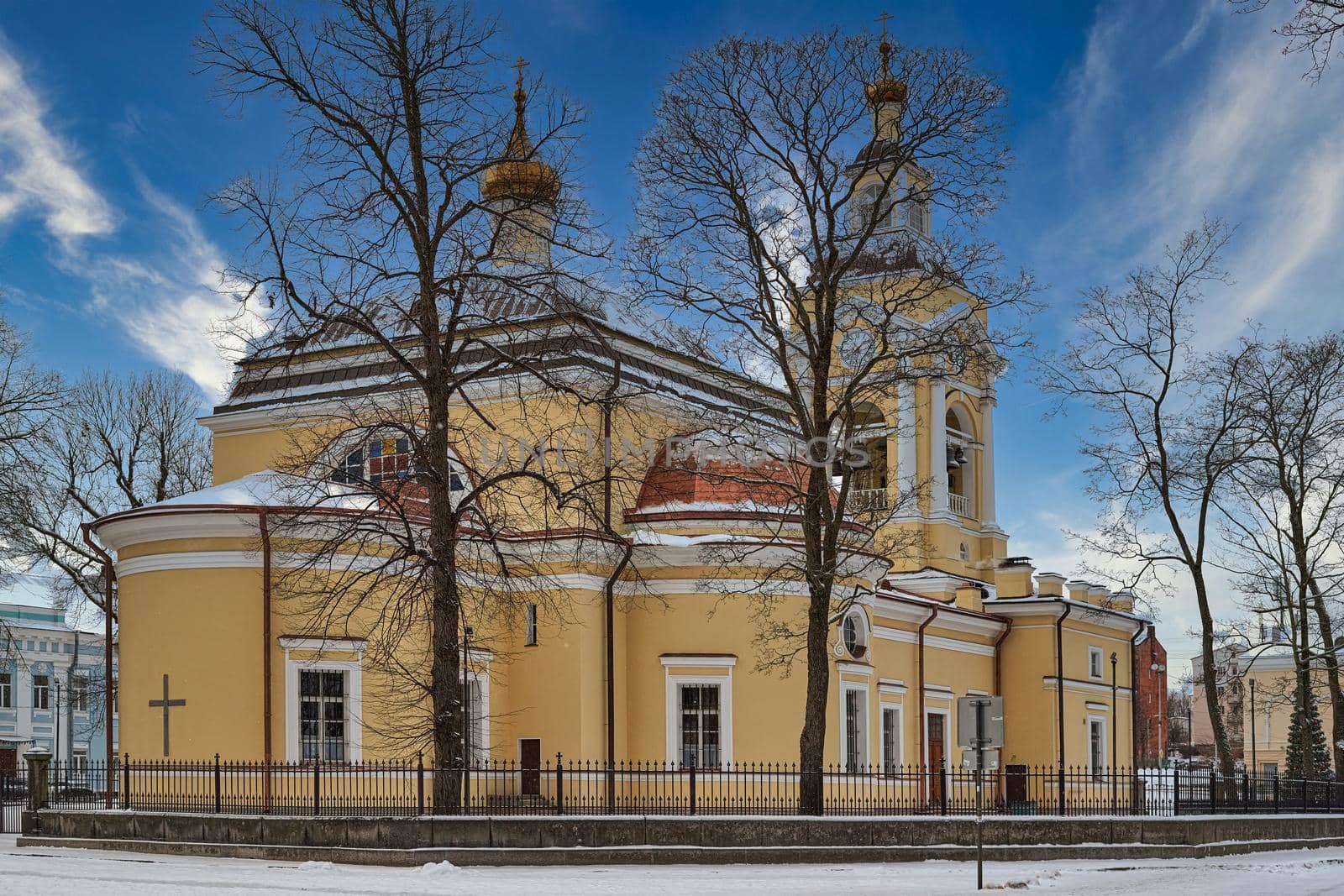 View on old orthodox church building against the blue sky by vizland