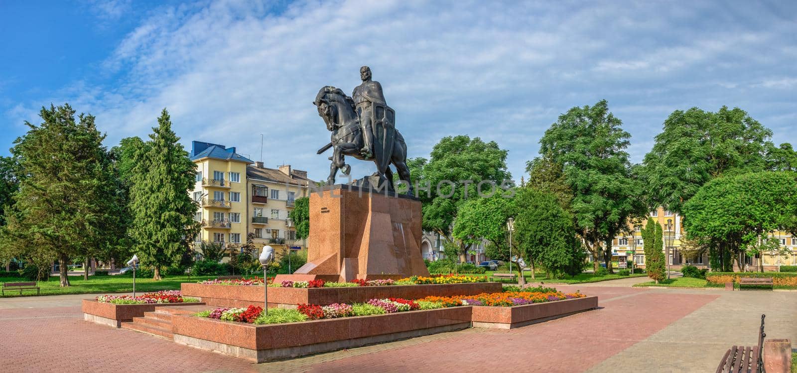 Ternopil, Ukraine 06.07.2021.  Volya Maidan and Danylo Halytskyi Monument in Ternopol, Ukraine, on a sunny summer morning