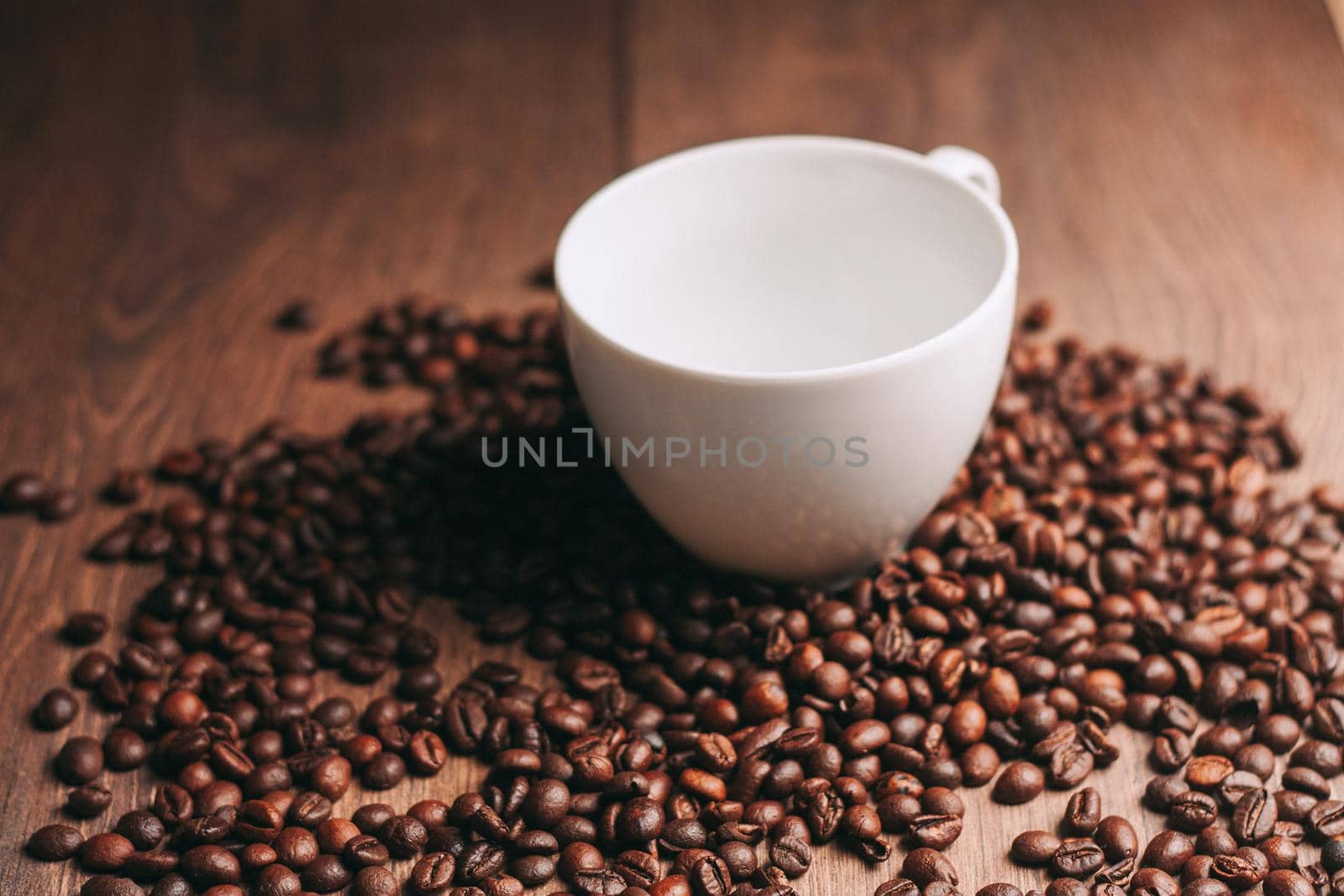 coffee beans freshly brewed beverage view from above. High quality photo
