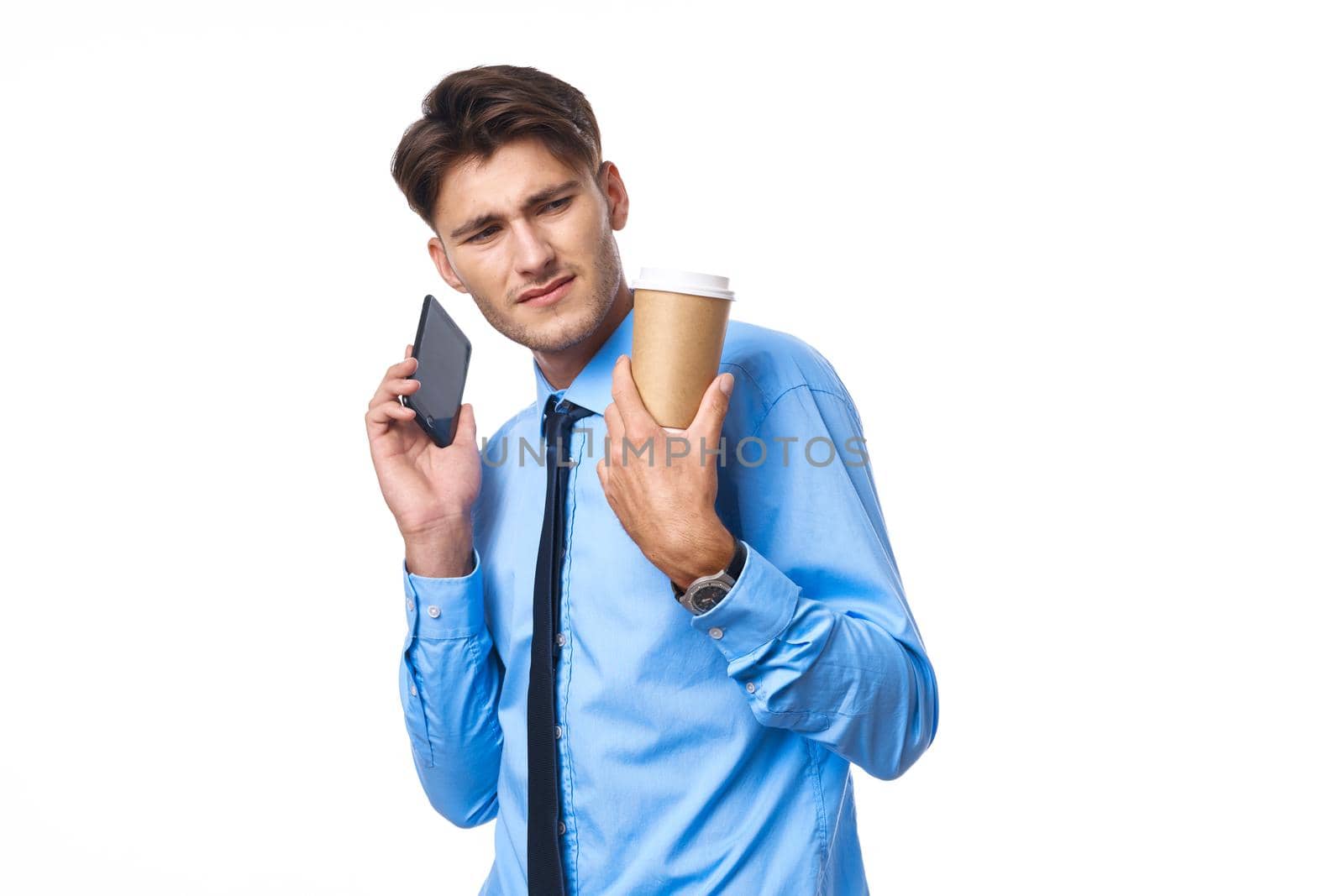 man in shirt with tie coffee cup posing office studio lifestyle by Vichizh