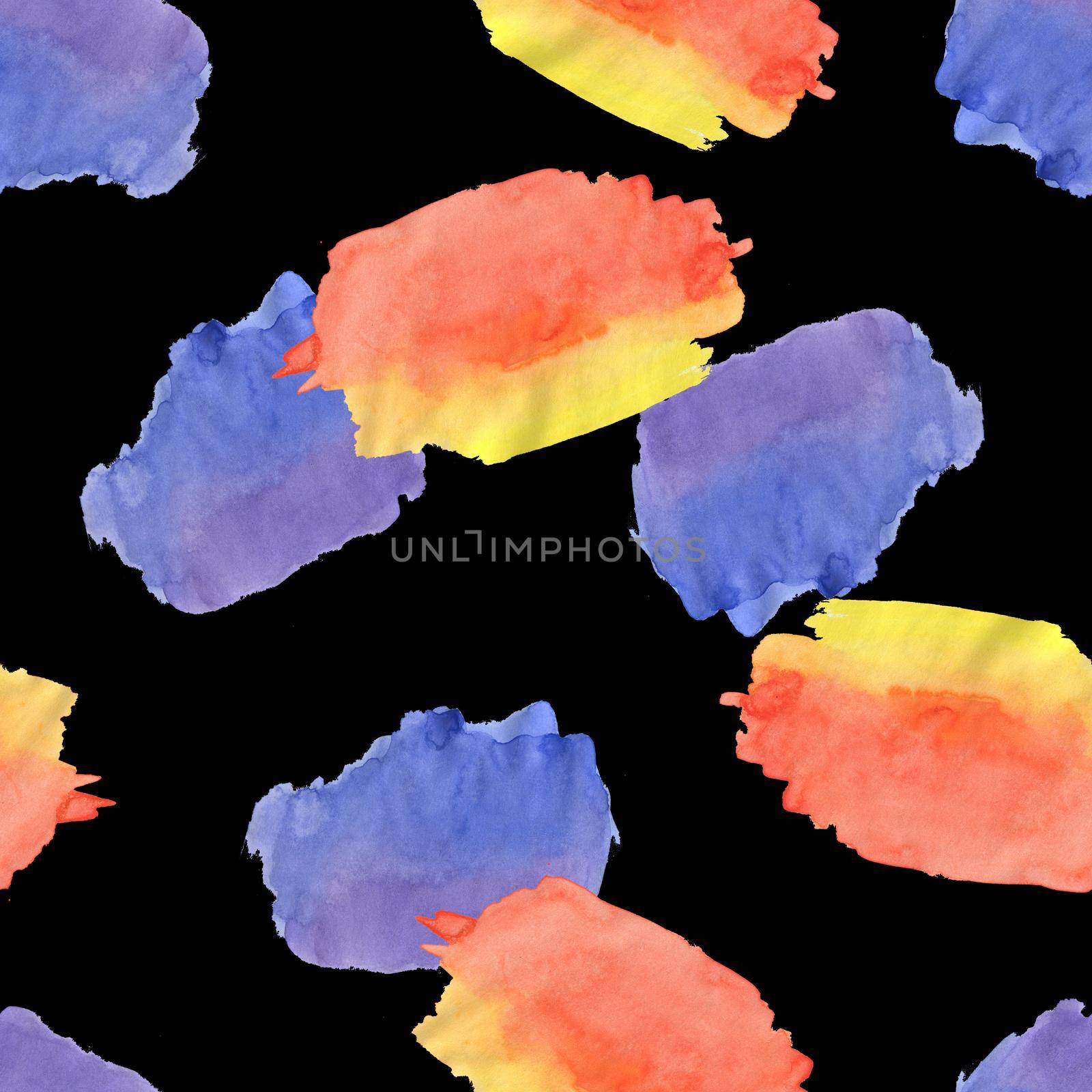 Seamless Pattern with Red, Yellow, Blue Watercolor Spots. Hand Drawn Blobs on Black Background.