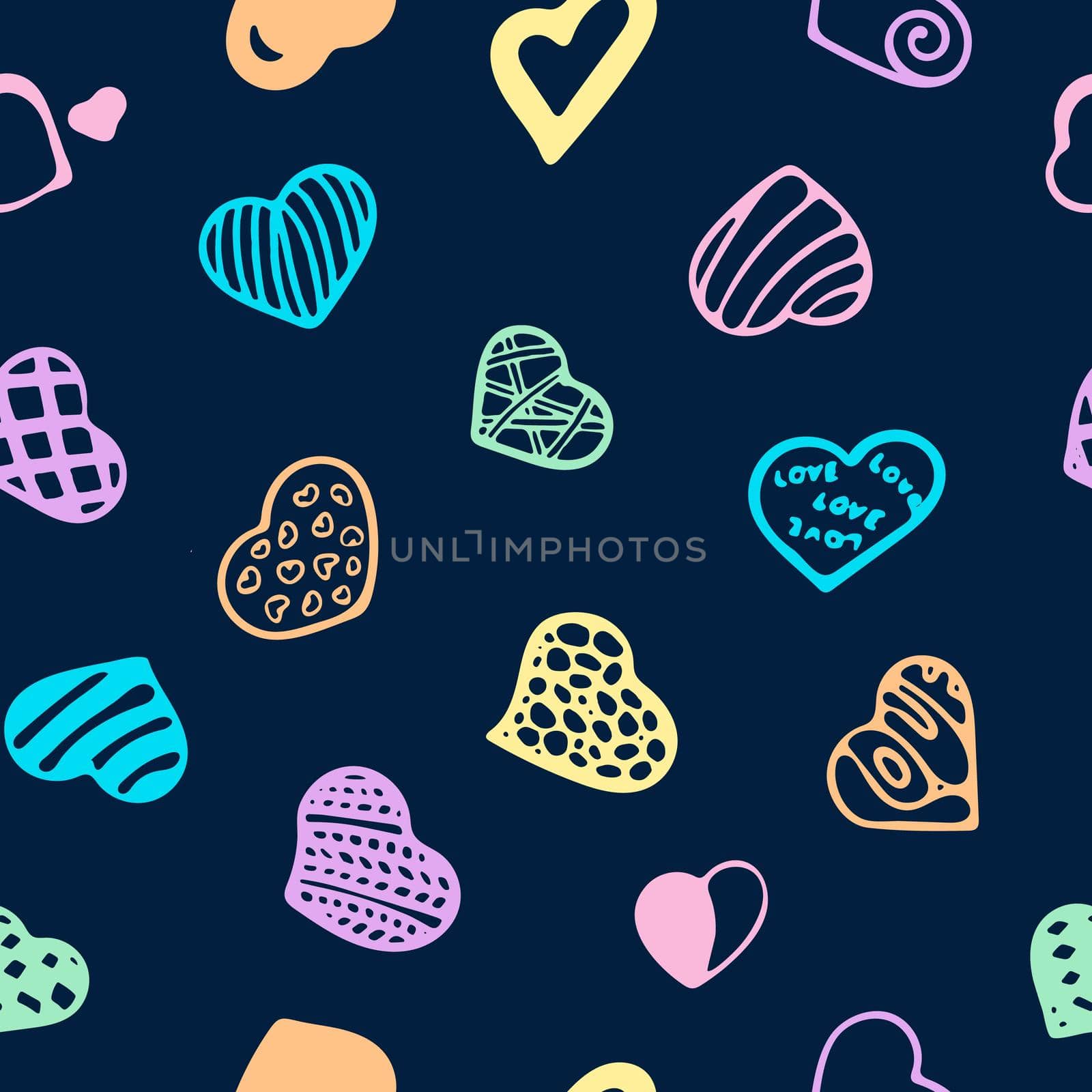 Pastel Hearts On Dark Blue Background Seamless Pattern. Illustration Of Flat Heart Symbol. Graphic Design In The Concept of Love. Love Symbol for Valentines Day.