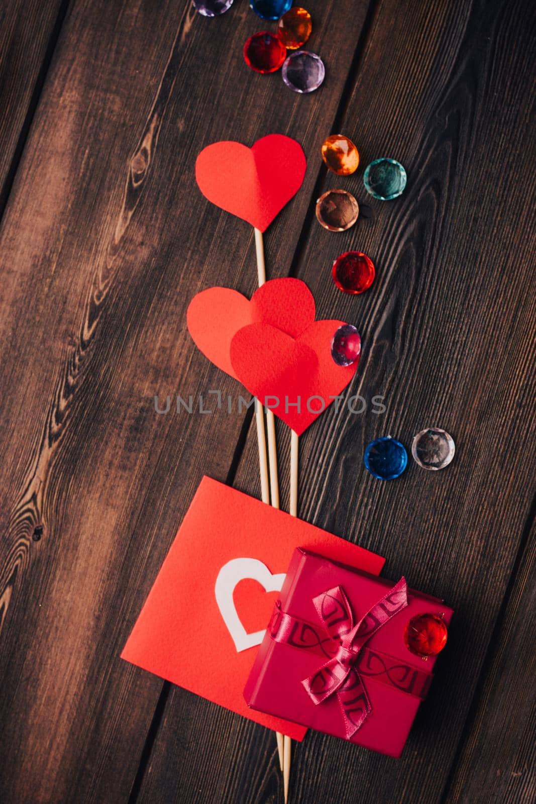 gifts decoration hearts holiday wooden background design. High quality photo
