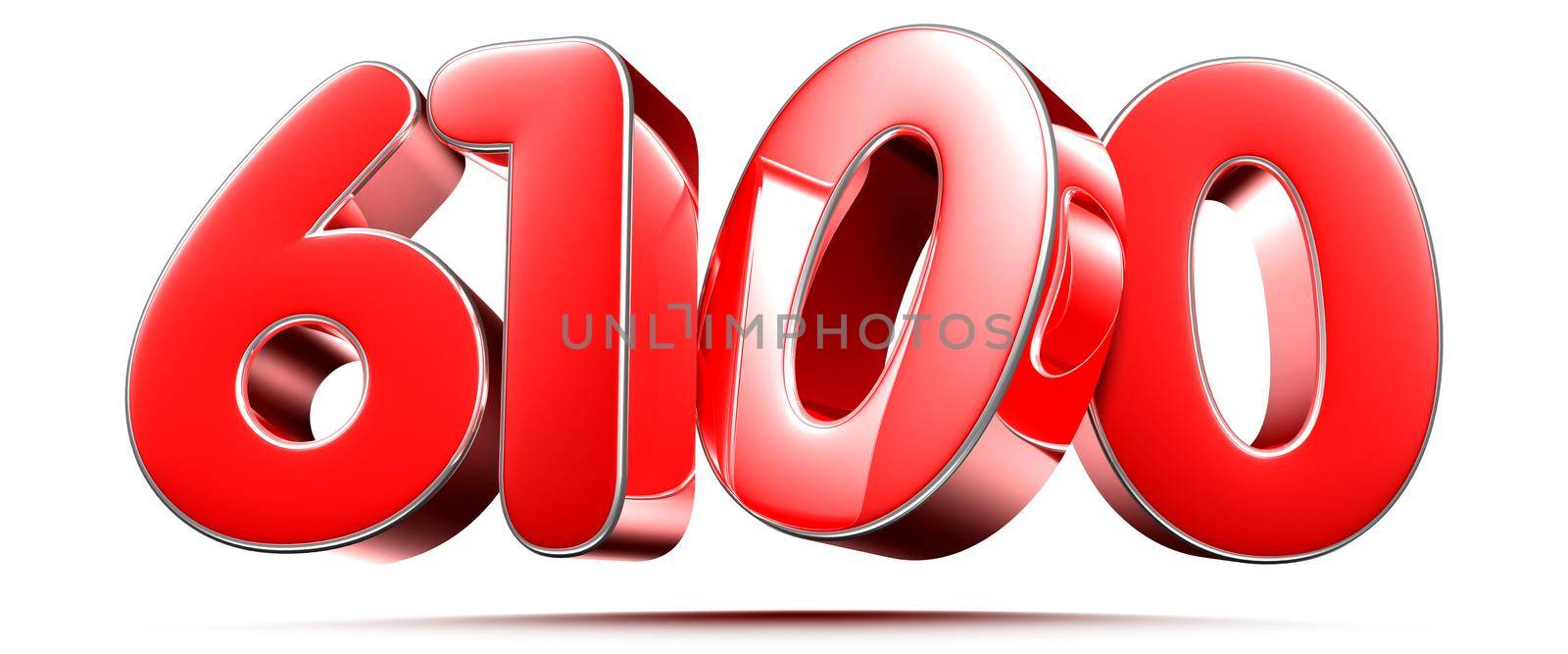 Rounded red numbers 6100 on white background 3D illustration with clipping path