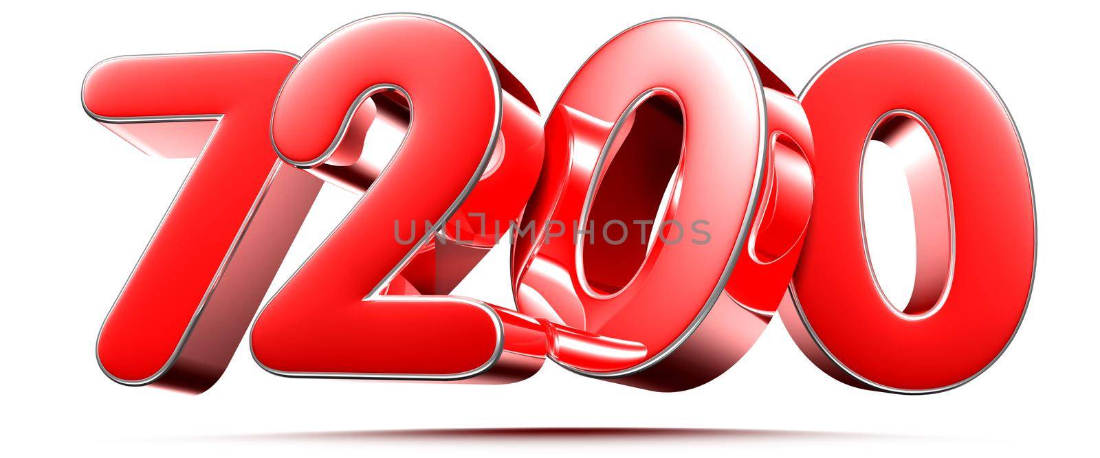 Rounded red numbers 7200 on white background 3D illustration with clipping path by thitimontoyai