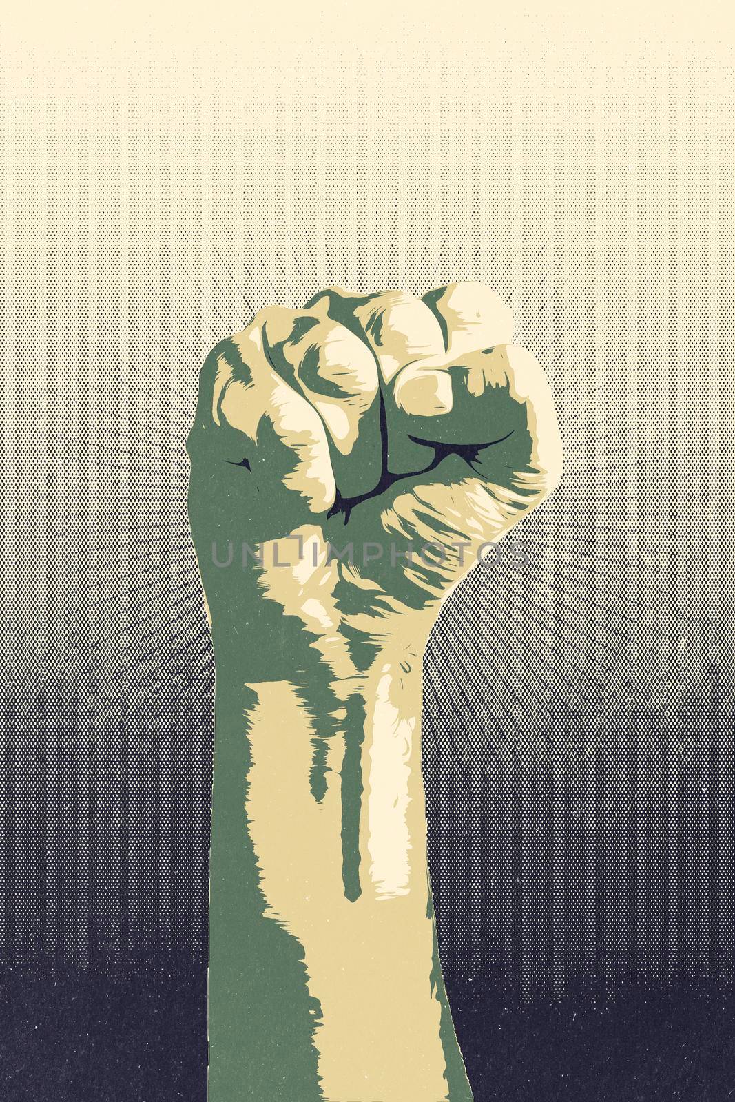 Raised fist concept. Digital draw of a man closed fist finished with stencil or silkscreen printing technique