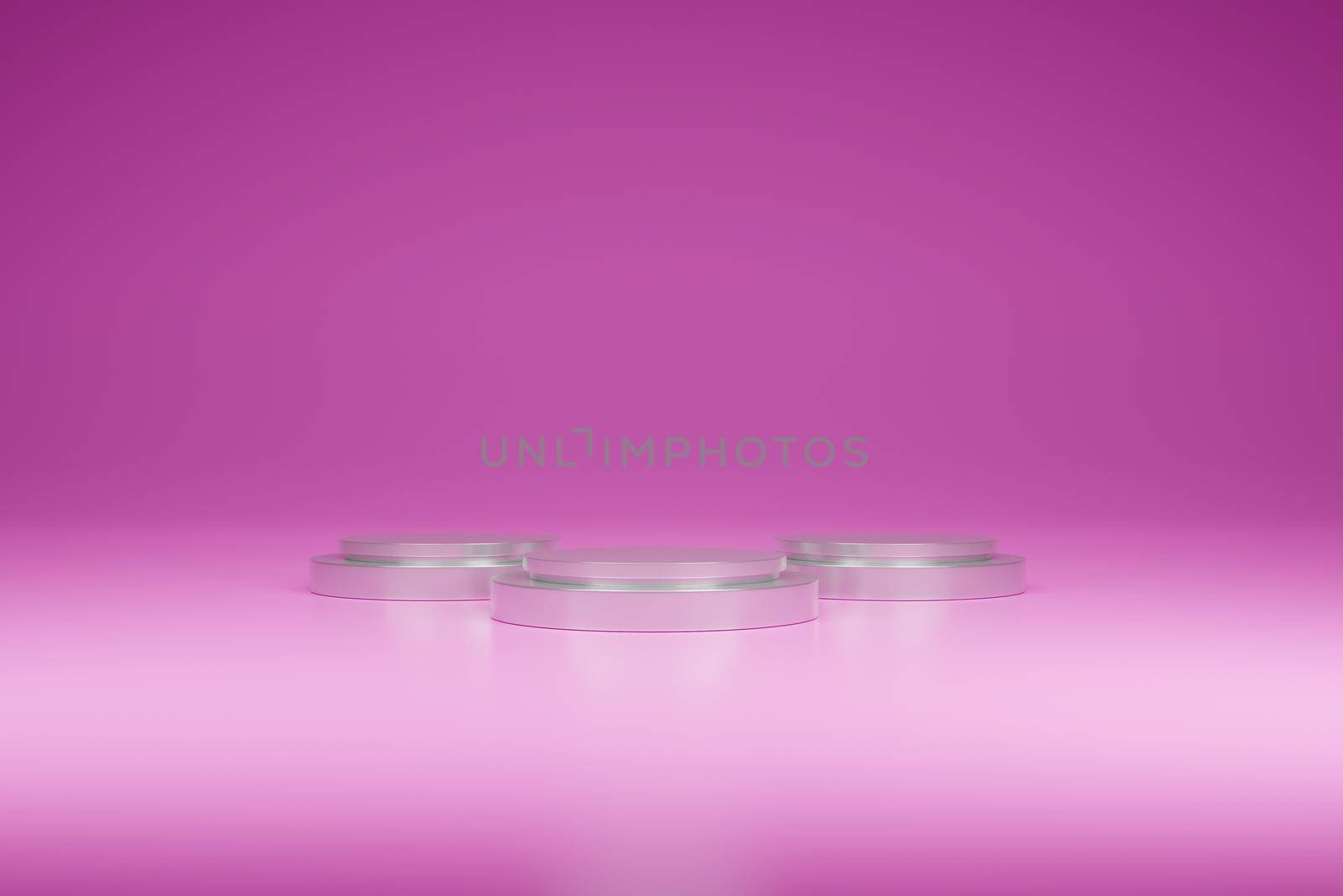 3 pieces white stainless podium 3D rendering on a pink background.show products.
